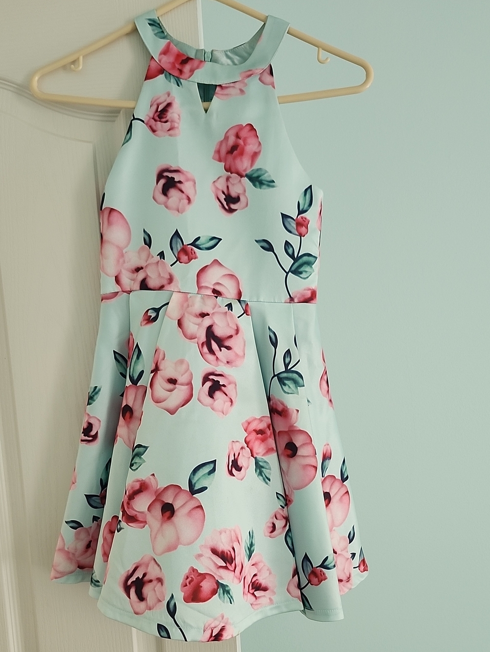 Girls Mint Floral Halter Dress with Pink Roses